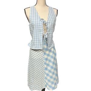 `vintage 1970's handmade XS women's 2 piece set blue gingham vest and skirt